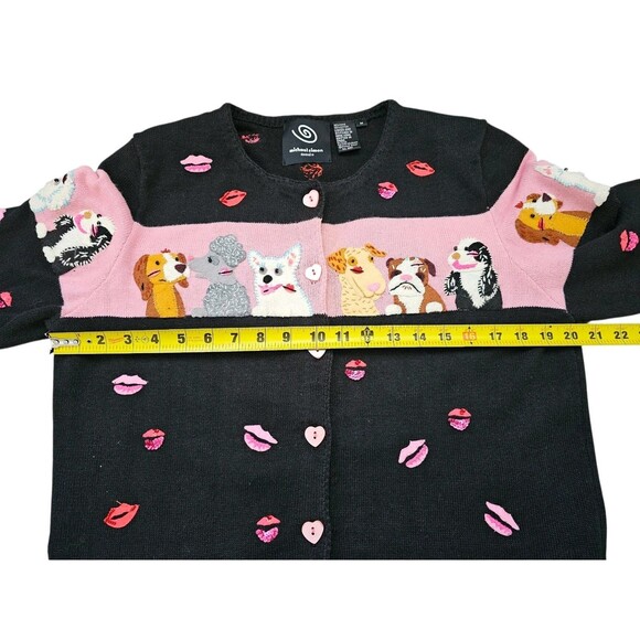 Michael Simon M Cardigan Dog Sweater Kiss Lips Embroidered Beaded Black Pink - Picture 10 of 16